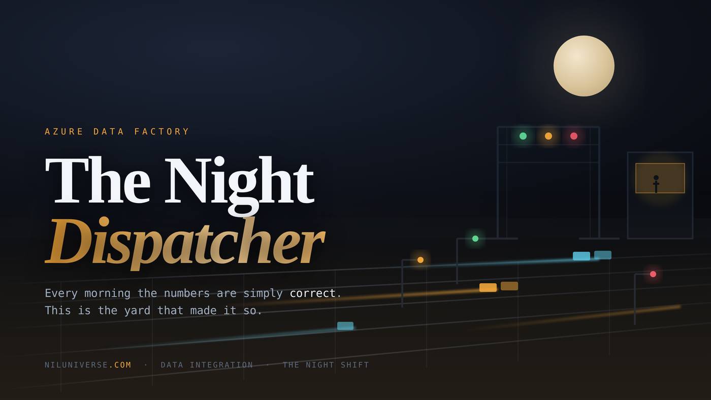 A night freight yard under a full moon: signal lamps, gantries and streams of data moving along converging rails toward a lit dispatcher's tower