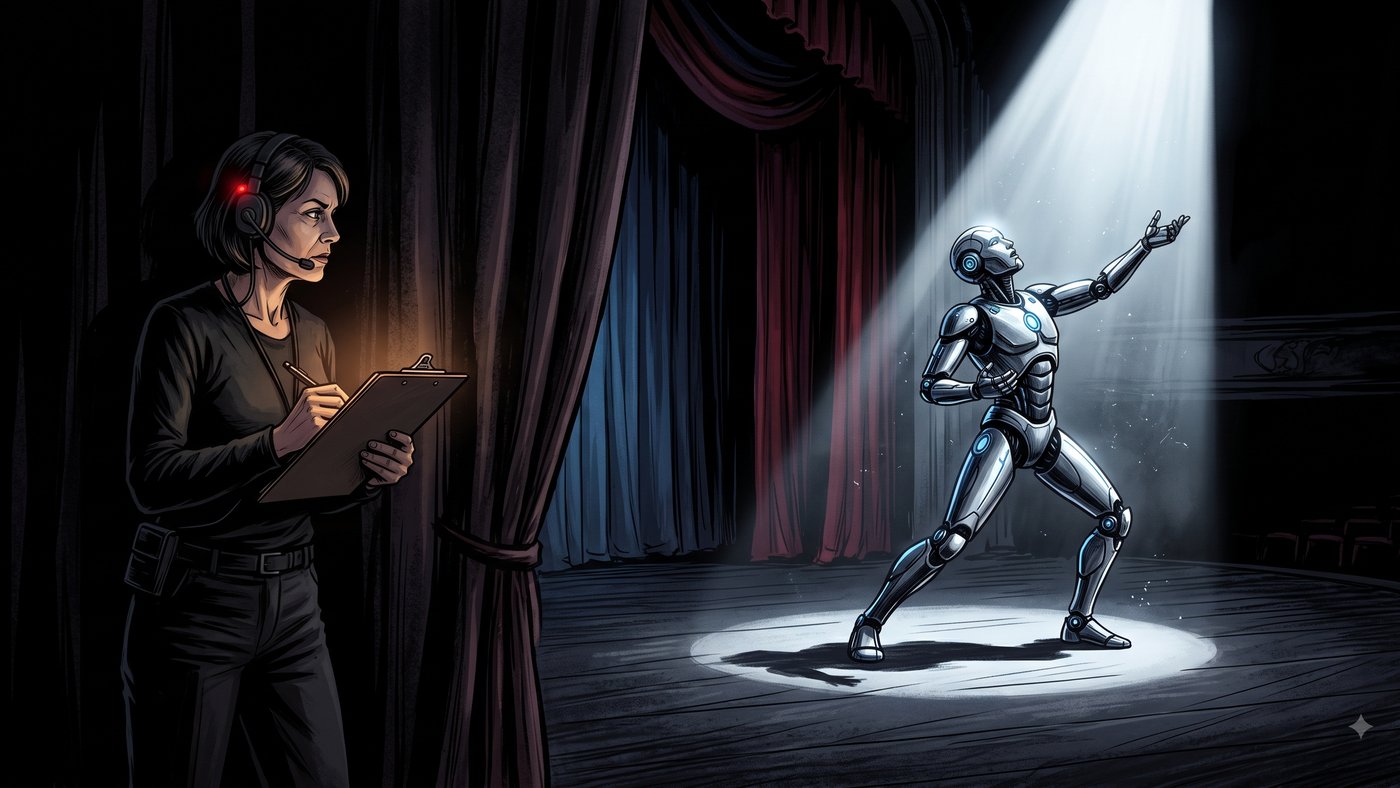 A stage director watches a robot performer rehearse under a spotlight