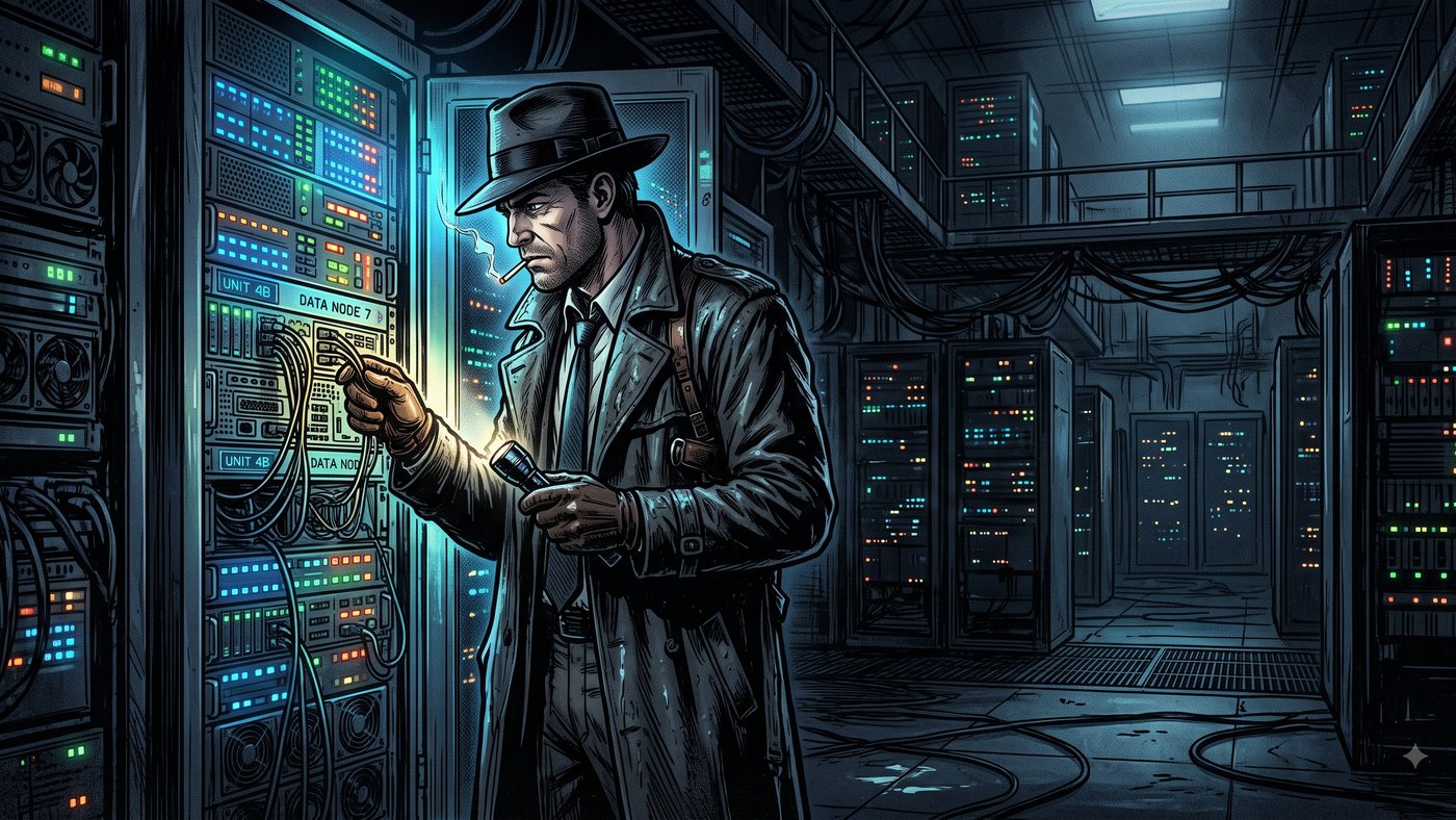 Detective-noir illustration of an engineer tracing a request through a server rack