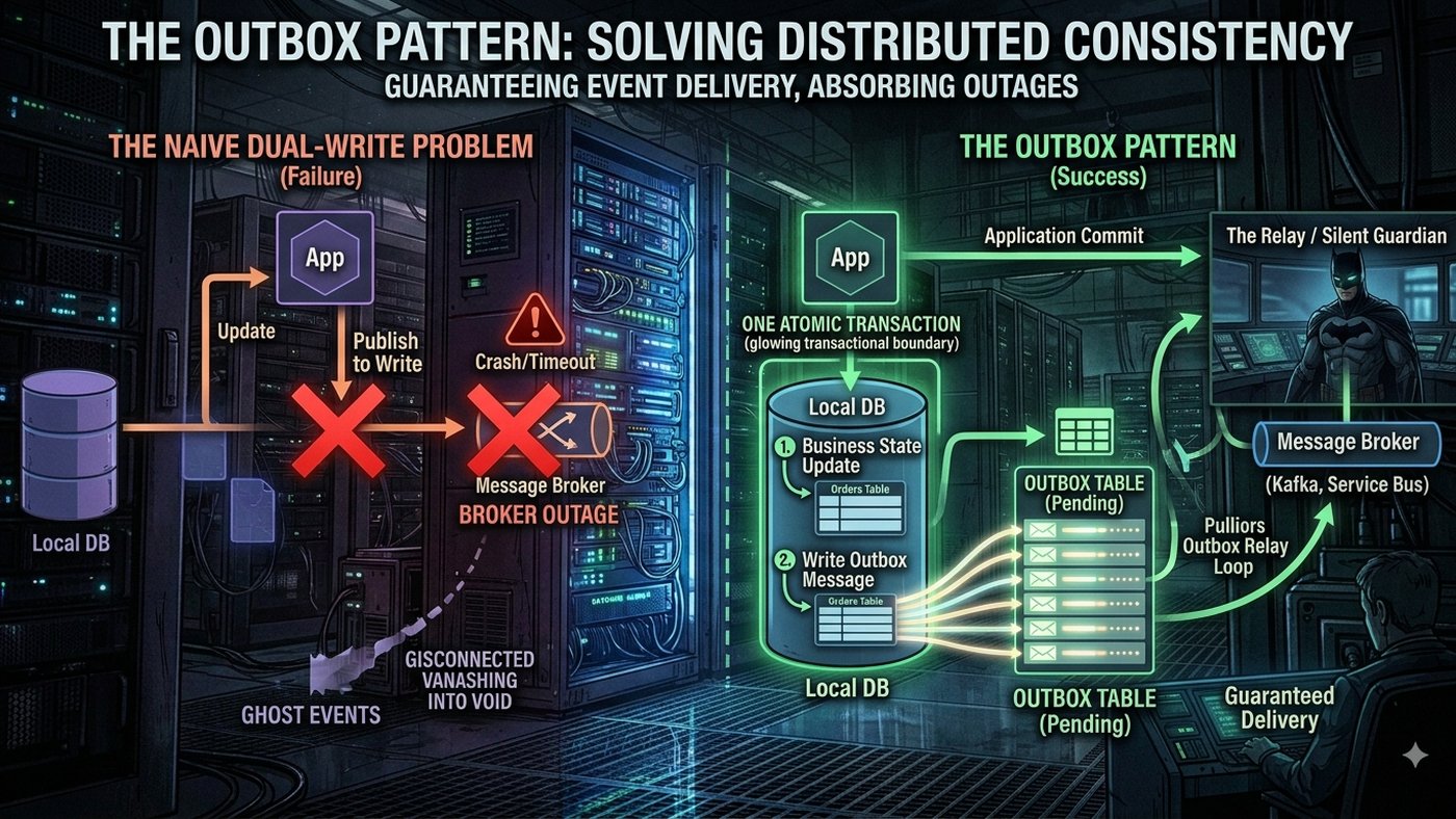 The Outbox Pattern illustration: dual-write failure vs. the outbox relay guaranteeing delivery