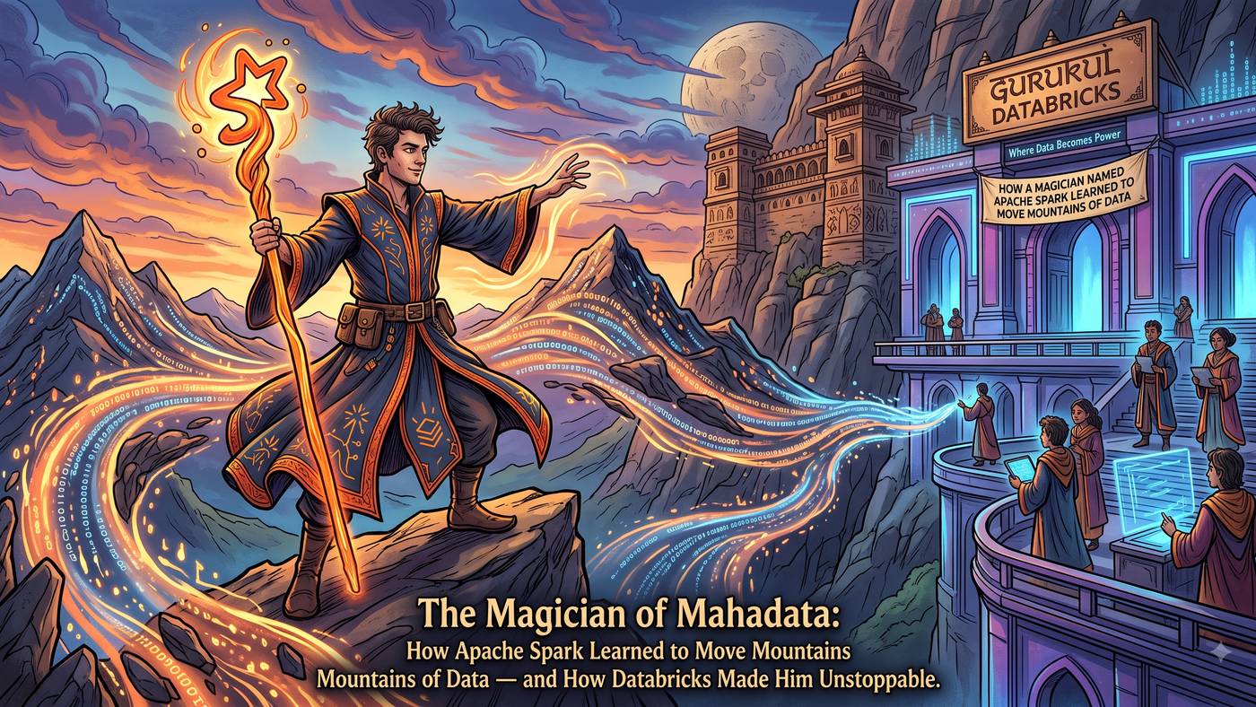 A robed data magician conjures streams of binary light out of a mountain range toward the Gurukul Databricks castle