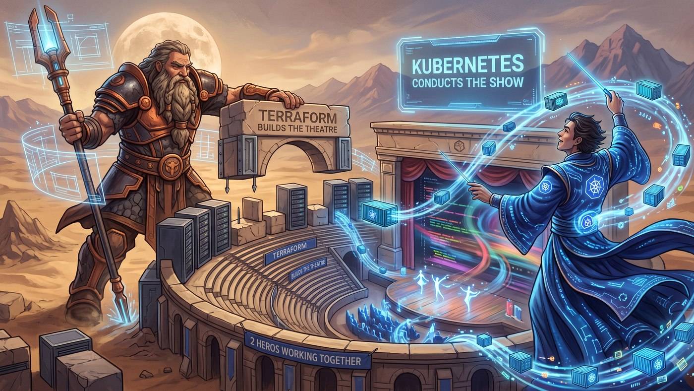 Two heroes: a giant builds a stone theatre labelled Terraform while a robed conductor made of Kubernetes containers directs the show on stage